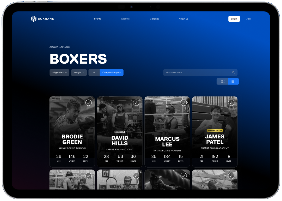 BoxRank app showing athlete profiles
